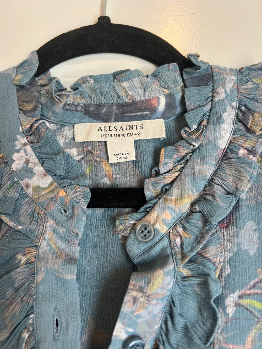 All Saints Blue Floral Ruffle Button-Up Blouse - Picture 2 of 5